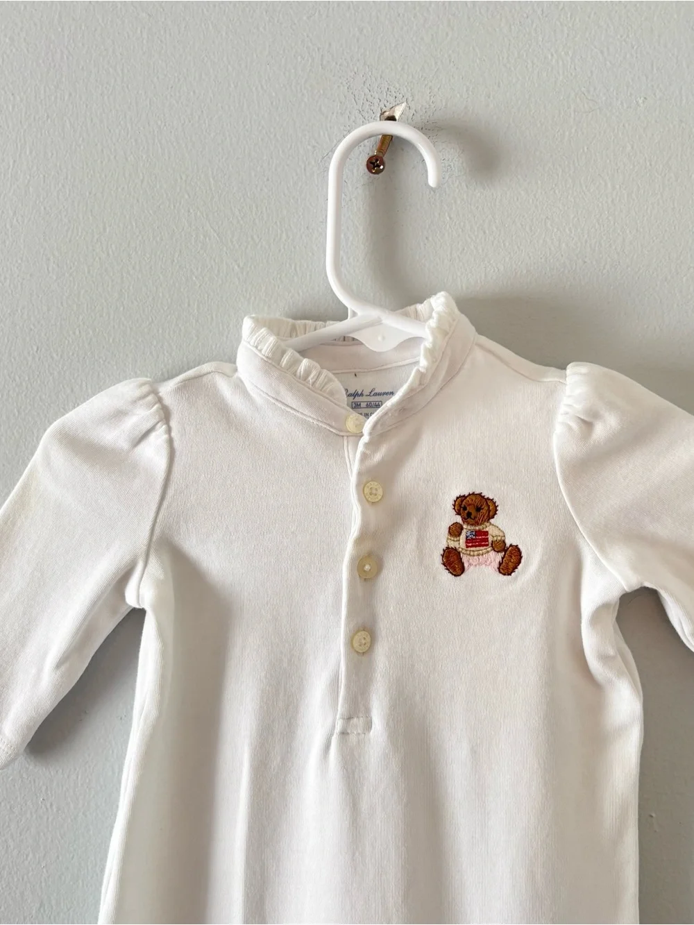 Ralph Lauren Baby Embroidered Polo Bear Footed Onesie Henley Ruffle Trim White